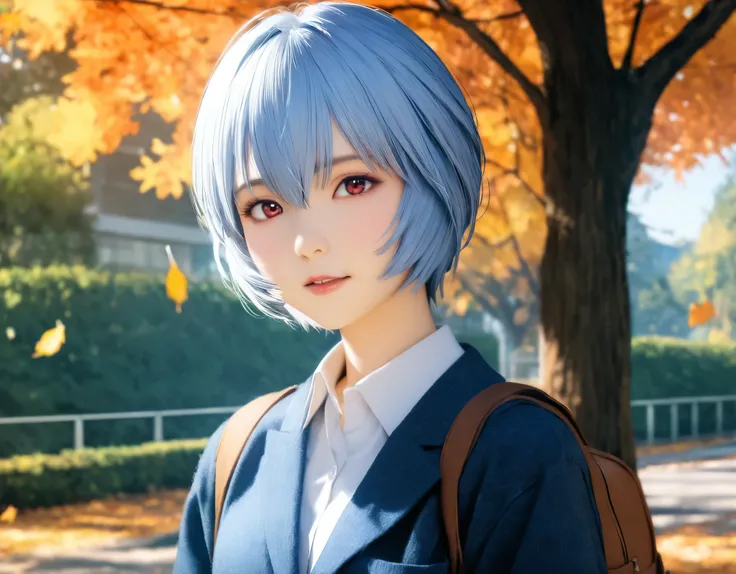 (best quality, 8k, high resolution:1.2), 1girl, ayanami_rei, attending school, autumn, upper body