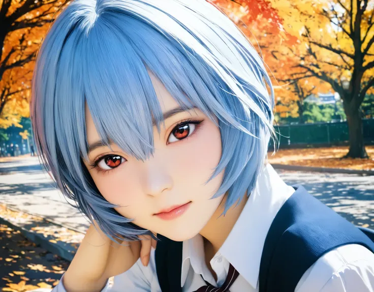 (best quality, 8k, high resolution:1.2), 1girl, ayanami_rei, attending school, autumn, upper body