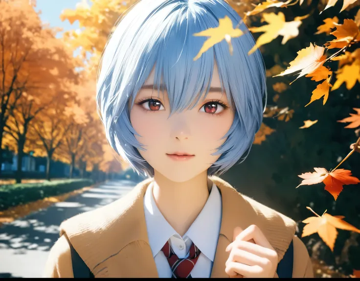 (best quality, 8k, high resolution:1.2), 1girl, ayanami_rei, attending school, autumn, upper body