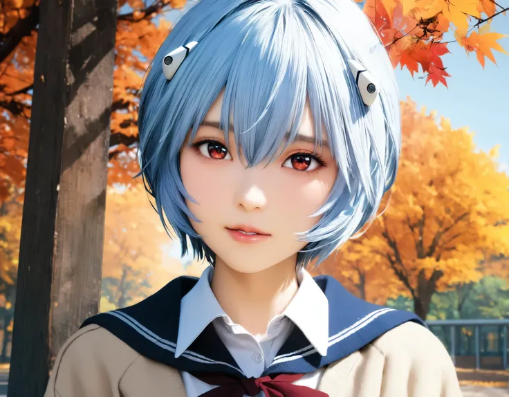 (best quality, 8k, high resolution:1.2), 1girl, ayanami_rei, attending school, autumn, upper body