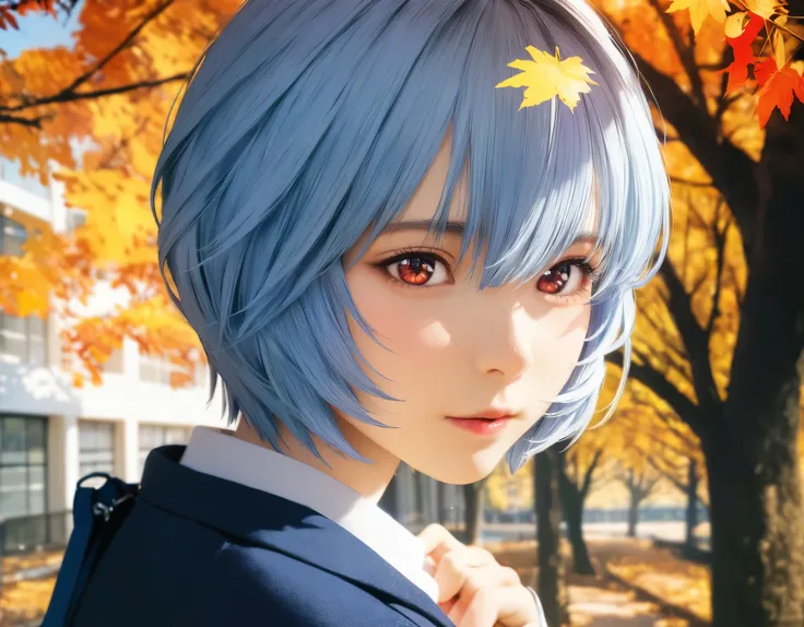(best quality, 8k, high resolution:1.2), 1girl, ayanami_rei, attending school, autumn, upper body