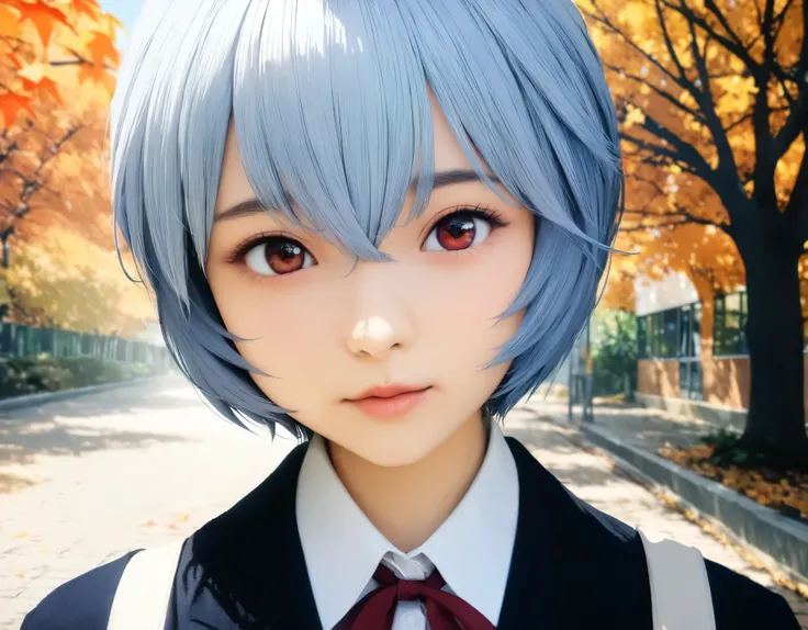 (best quality, 8k, high resolution:1.2), 1girl, ayanami_rei, attending school, autumn, upper body