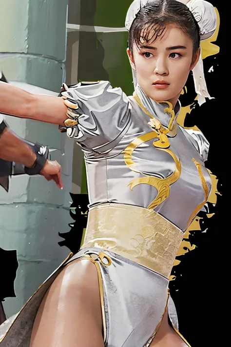 Chunli, Silver Costume,  martial arts movie, Hollywood Style,  being hit by a strong enemy are accurately depicted, The details of the clothes are accurately depicted, Two white loaves,  High image quality , 映画ではChunliが宿敵に敗北します, ポスターの中ではChunliが強力な敵に追い込まれてい...