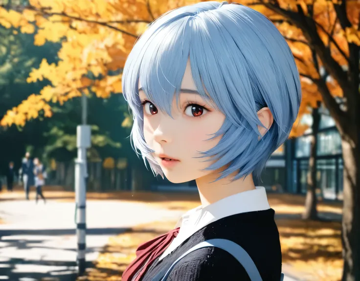 (best quality, 8k, high resolution:1.2), 1girl, ayanami_rei, attending school, autumn, upper body