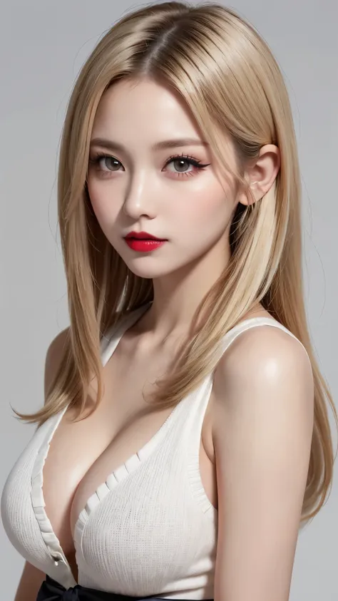 Blonde:100.0、Gothic、Long Hair、Obese:100.0、huge breasts:20.0、(((Close-up of face:1000.0、gothic makeup:100.0、Big Breasts:1000.0、Gray Eyes、Obese:100.0、forehead、Extreme pose、A calm face、Sleeveless high neck knit:100.0、Black Goth:100.0、dark red lips:100.0、dewy ...