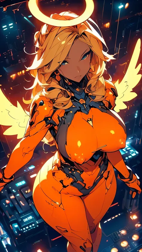 ( blonde long hair)、( embarrassing、Bitch、Prostitute、Slut、Prostitute)、(Huge breasts:1.5)、( wide hips、Thick thighs、curve)、(Camel toe、(NSFW:1.3))、(Orange plug suit)、(Glowing cyberpunk decor)、(Cyberpunk space at night)、(Angel Halo)、(Glowing angel wings)、(Shot ...