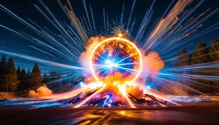 The neutrons of the two explosions have clear details , 8K quality, captures the precise moment of the explosion . The light trail crosses the entire scene , leaves a fascinating color . Thousands of brightly colored fragments scattered on all sides, ...