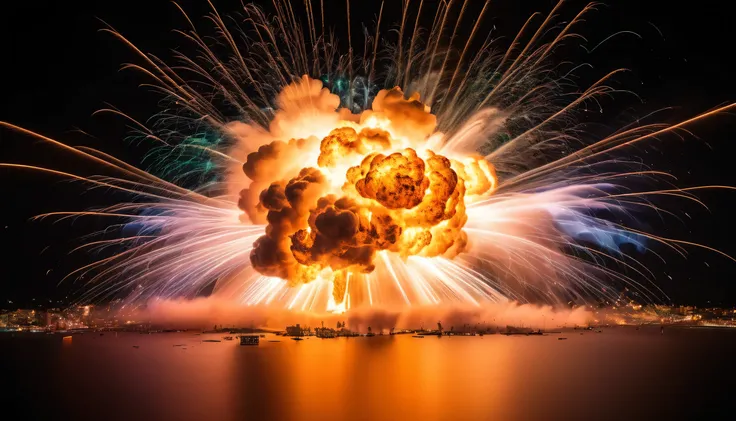  The neutrons of the two explosions have clear details , 8K quality,  captures the precise moment of the explosion .  The light trail crosses the entire scene ,  leaves a fascinating color .  Thousands of brightly colored fragments scattered on all sides, ...