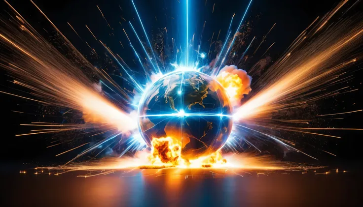 The neutrons of the two explosions have clear details , 8K quality, captures the precise moment of the explosion . The light trail crosses the entire scene , leaves a fascinating color . Thousands of brightly colored fragments scattered on all sides, ...