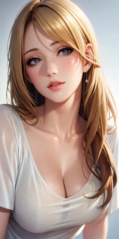 Elegant mature female, blonde hair, elegant hairstyle, swept side bangs, t-shirt,  downblouse, soft light, high detailed, 4k resolution, high quality, beautiful cg, 