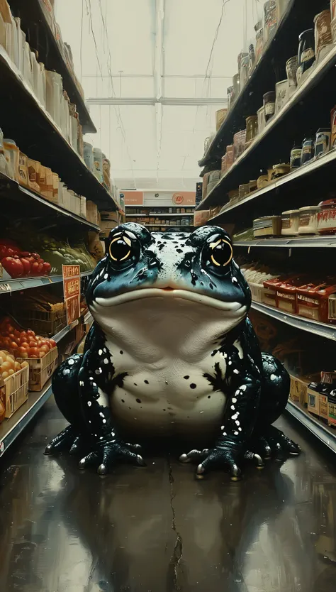 close up of a grocery store with a black and white toad staring from far in the distance