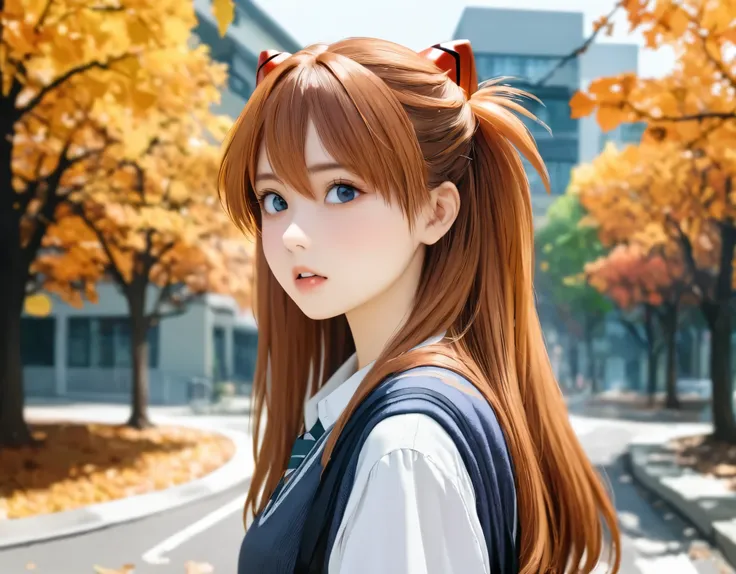 (best quality, 8k, high resolution:1.2), 1girl, souryuu_asuka_langley, attending school, autumn, upper body