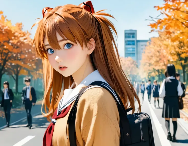 (best quality, 8k, high resolution:1.2), 1girl, souryuu_asuka_langley, attending school, autumn, upper body