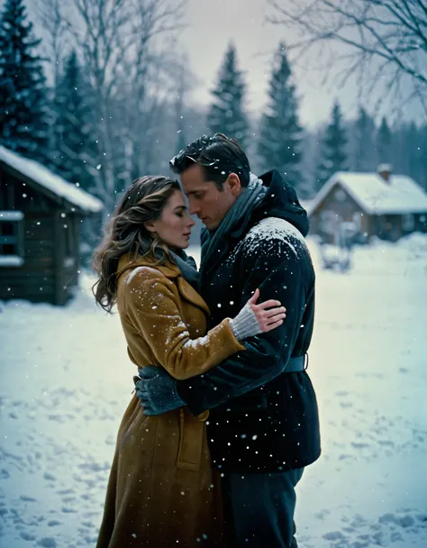 cinematic film still of Cinematic Film stock footage in (arri alexa style) Kodak film print, a man and a woman are embracing in the snow Cinematic Film Style, shallow depth of field, vignette, highly detailed, high budget, bokeh, cinemascope, moody, epic, ...