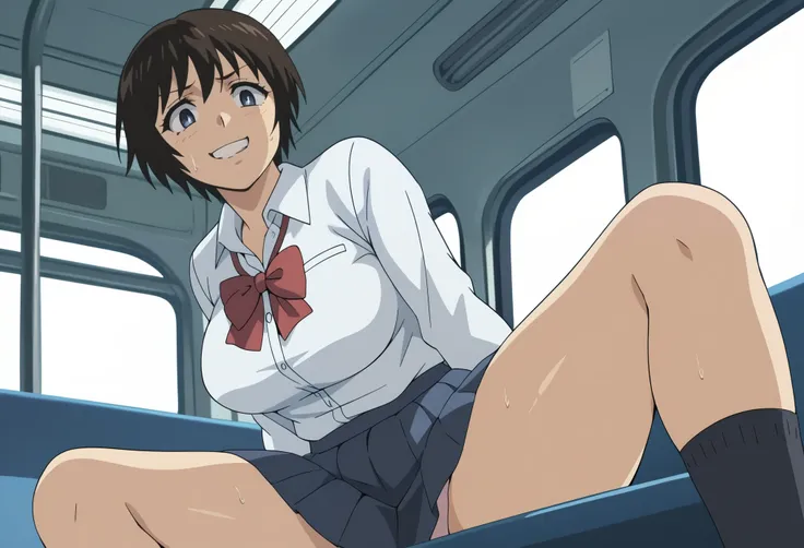 1girl,Shimizu_Kaoru,short hair,brown hair,blue eyes,large breasts, NSFW:1.8, sweat, dashed eyes, ,school uniform,white collared shirt,pleated skirt,  inside the tram, (thigh focus), dashed eyes, spread legs, seductive grin smug, Leaning forward, Chirarizum...