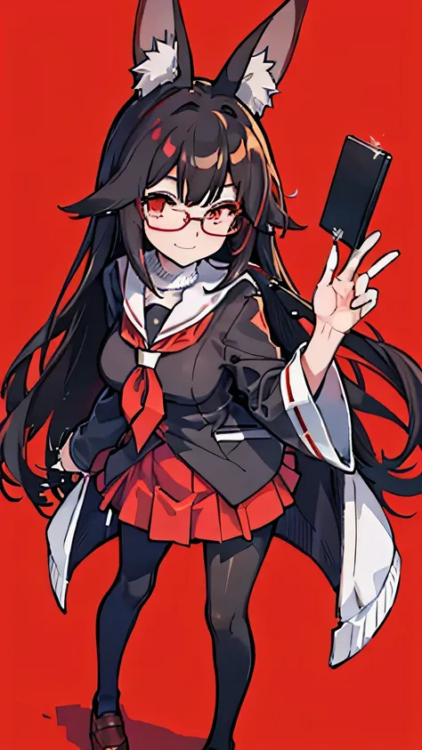 black semi-long hair,red eye with under rim glasses,school uniform,light smile,from front,pantyhose,aroma therapy,simple backgro...