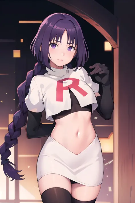 sumire kakei, purple hair,(single braid), lips, closed mouth, 1girl, solo,looking at viewer, medium breasts,(intricately detailed, hyperdetailed), best quality, masterpiece,1 girl, high res,facing viewer, official art, team rocket,team rocket uniform,white...