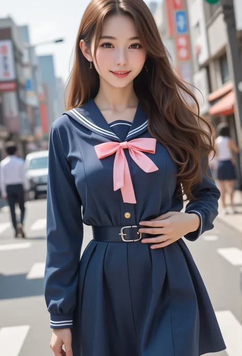 (super cute face:1.2),(sparkling clear attractive large glowing eyes:1.4), (japanese idol face:1.5),very beautiful cute girl,(baby face:1.4),exquisite smooth and silky long brown hair,fair skin,(happy cheerful smile),professional photography ,(royal design...