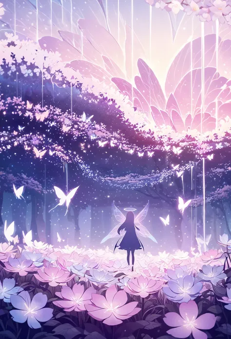 masterpiece, best quality, ultra-detailed, minimal object, dreamscape fantasy style, pastel tones. A vast garden stretches out under a twilight sky, filled with soft pastel flowers that glow faintly in the starlight. Above the garden, dozens of glowing butterflies, their wings shimmering in pastel pinks, blues, and purples, flutter gently through the air. The garden is dotted with sparkling fountains that seem to defy gravity, with water flowing upwards into the sky. A small chibi figure stands in the center of the garden, their back to the viewer, watching as the butterflies flutter around them, blending the natural beauty of the flowers with the surreal movement of the glowing insects. The entire scene feels like a magical dream, where nature and fantasy seamlessly blend together.