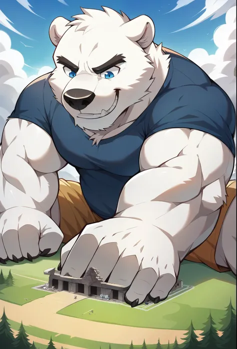 nj5furry, polar bear, ，  beast field  ，pummelig, thick arms，strong muscles，Shorts，Plush  ，chubby face，   black eyebrows   ，sky blue eyes，bart，Grin:1.1， sitting in the grass ,on the stomach,  Vati ,  ( From underneath :1.1)，lie down，（Shirt,Shorts），sunlight ...