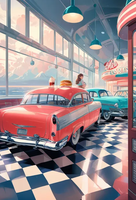 masterpiece, best quality, ultra-detailed, minimal object, vintage retro style, pastel tones. A classic 1950s diner floats high above the ground, its chrome exterior glinting softly in the pastel sky. The neon signs advertising milkshakes and burgers glow faintly, casting a nostalgic light over the scene. Inside the diner, through the large windows, you can see the checkerboard floor and red leather booths, as if waiting for customers from a bygone era. A couple of retro cars hover nearby, parked in mid-air. A lone figure leans against one of the cars, their back to the viewer, watching the diner slowly drift through the clouds. The scene blends vintage Americana with a surreal, floating dreamscape.