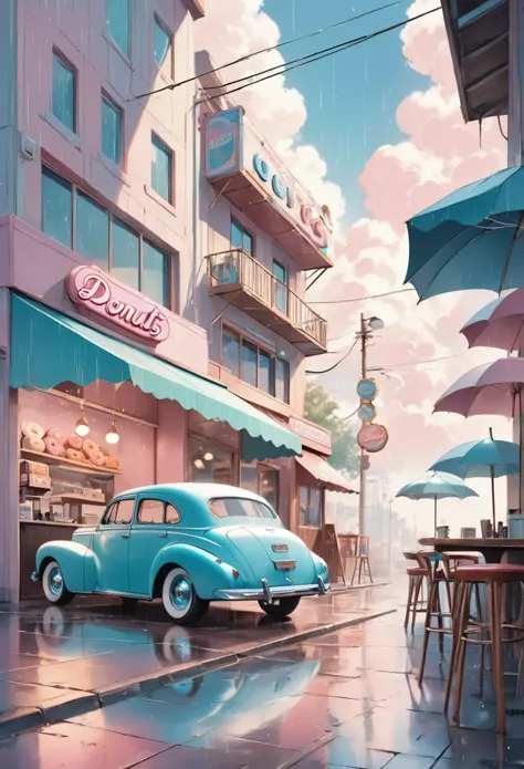 masterpiece, best quality, ultra-detailed, minimal object, vintage retro style, pastel tones. A small, 1950s-style donut shop floats above the clouds, gently swaying as soft rain falls from the sky. The pastel-colored neon sign flashes "Donuts" in faded pink and blue, casting a glow on the wet surface of the clouds below. Inside the shop, through large glass windows, you can see retro barstools and a classic counter with a vintage coffee machine. A couple of old cars, lifted by invisible forces, are parked near the shop. A lone customer with an umbrella stands outside, their back to the viewer, looking up at the sky as rain softly falls. The scene feels nostalgic and surreal, as if from a long-forgotten dream.