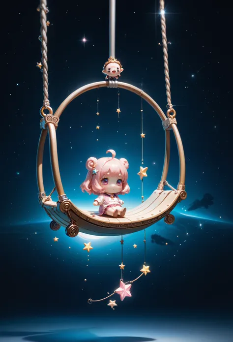 masterpiece, best quality, ultra-detailed, minimal object, chibi, Low Fidelity (lofi) art style, pastel pink and purple tones. A single swing hangs from an invisible point, gently swaying through a field of stars in space. The stars sparkle softly in paste...
