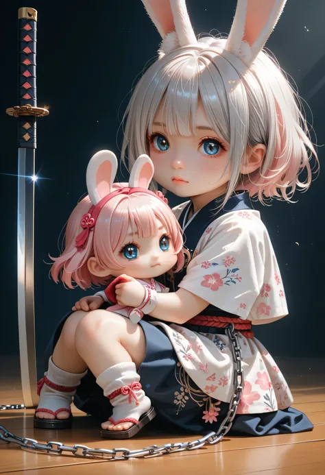 chibi, masterpiece, best quality, ultra-detailed, two chibi girls in dynamic poses, left one with pink hair and rabbit ears holding a katana, her body slightly crouched as if ready to spring into action, pink floral patterns in the background enhancing her...