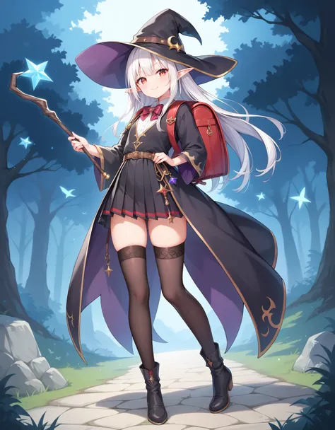 masterpiece, hd, 2d, top-quality, full body, witch's hat, belt to hat, white hair, long hair, smooth straight hair,elf, pointed ...