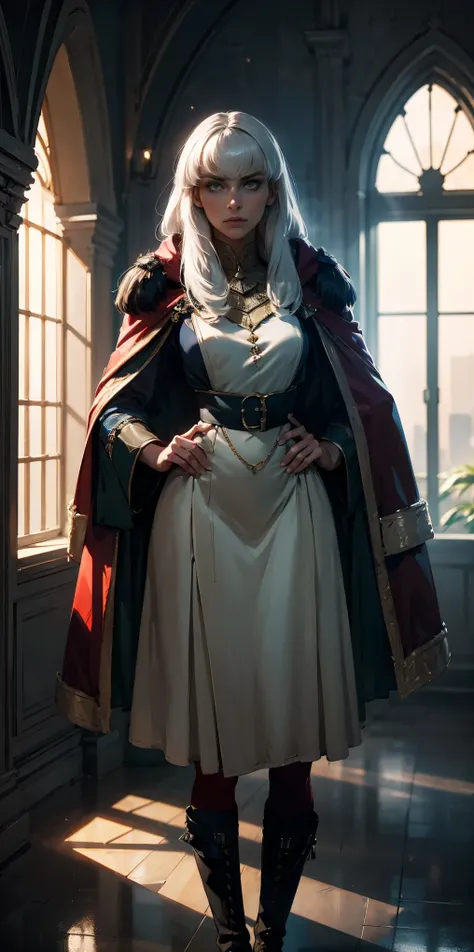 A woman with long platinum blonde hair, choppy bangs, arched crescent eyebrows, sharp and determined eyes, a delicate oval face, a serious expression, a fantasy-style dark green military coat, draped with a dark red waist-length cloak, military trousers, l...