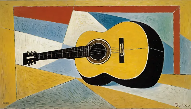 ,   By Pablo Picasso ,Guitar,Oil,カラフルなGuitarと背景は平面構成のみ,There are no people,unsigned  
