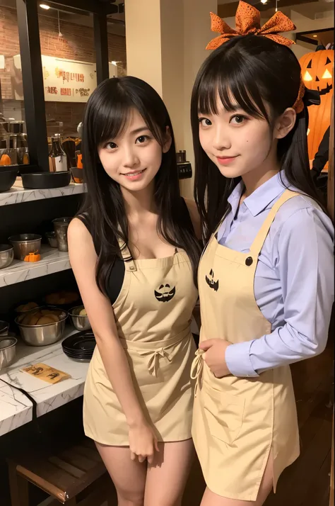 working at a Halloween restrunt（Japanese face、Twenty year old girls wearing apron and miniskirt ）