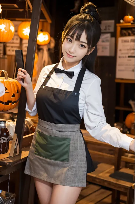 working at a Halloween restrunt（Japanese face、Twenty year old girls wearing apron and miniskirt ）