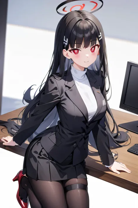 Rio,  Black Hair , (Red eyes:1.5), hair ornament, Hair Clip, halo, Long Hair,
Black footwear, black  jacket, black pantyhose, black skirt, Buttoned cuffs, High heels,  jacket,  Long Sleeve ,  Office Lady, pantyhose, ribbed sweater, skirt, sweater,  thigh s...