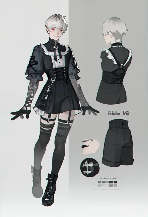  1boy, character concept, fullbody, gothic outfit, short hair smile score_9,score_8_up,score_7_up,score_6_up,score_5_up,score, yaoyao