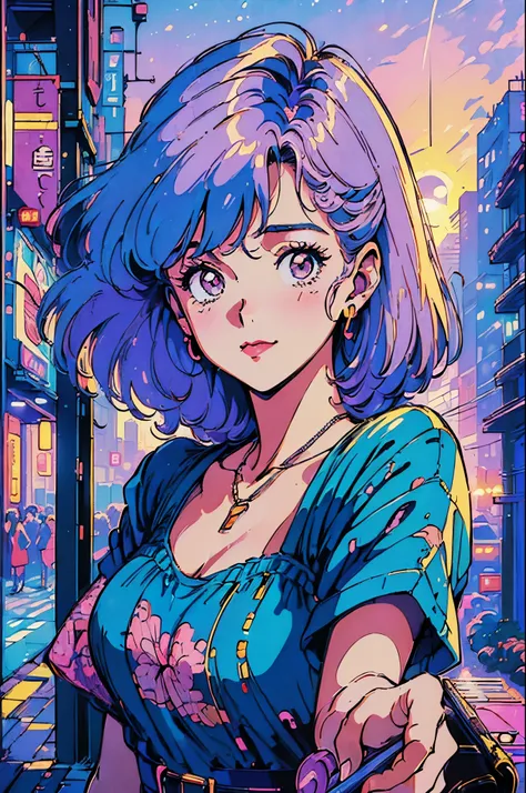 (80s, retro, city pop poster:1.5), (album cover), (masterpiece, highest quality, intricate details), (anime, figure), (pastel colour:1.3), Best Photo Poses, dynamic angle,
girl, alone, smile, perfect detail eyes, delicate face,
City scene, City of night, T...