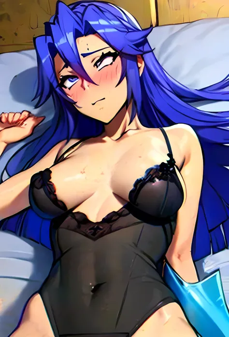 (  Detailed CG), (  best quality  ),   1 girl,   perfect face,    shiny skin,   shiny skin,   wide hips,   Thin Waist,   Shinpho Tsubasa  ,   Ahegao,My eyes are twirling ,On the bed ,  external expression blue eyes  ,  a man is lying on his back on the bed...