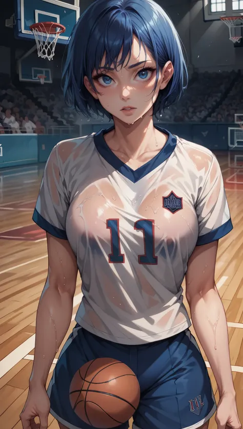 Sweaty wet uniform, basketball, turn around, blue short bob, blue eyes, detailed eyes, beautiful eyes, detailed face, long face