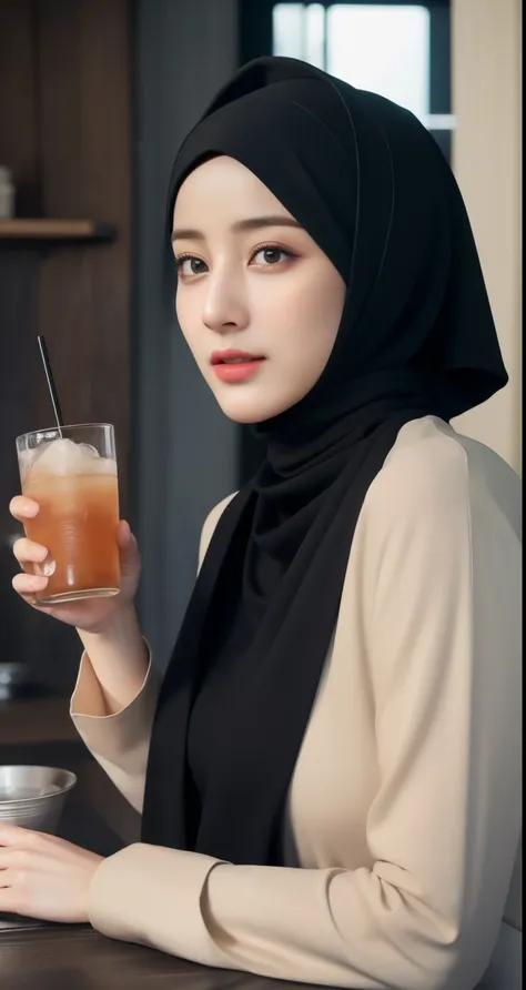 a beautiful hijab-wearing woman buying a drink at a cafe, wearing trendy clothes, black hijab, black hair, red lips, half-body s...