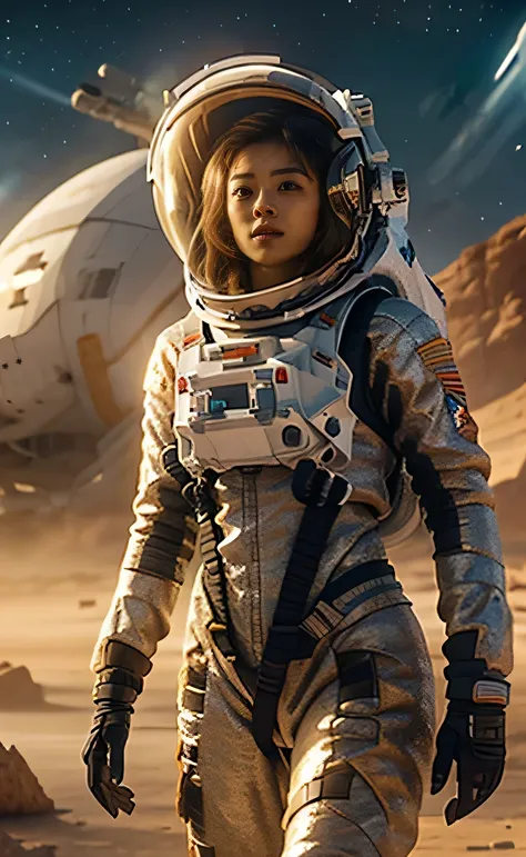 masterpiece, Desolate planet landscape, lone female astronaut, A beautiful 20-year-old Korean blonde, Space and stars, Electrical atmosphere,  Multifunctional belt, Metallic gray zinc, Science Fiction, Ultra-high resolution.Reality, 16K, Ultra HD, Human De...