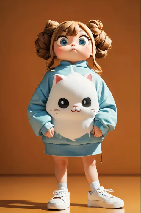 (masterpiece, best quality:1.2), cartoonish character design。1 girl holding a grumpy face cat, alone，big eyes，cute funny express...