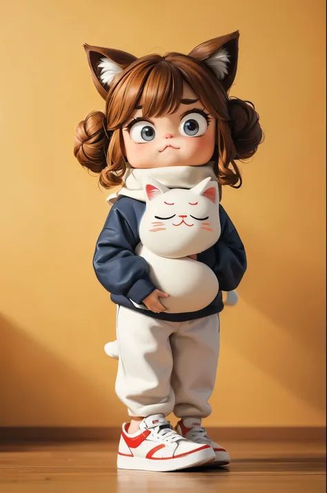 (masterpiece, best quality:1.2), cartoonish character design。1 girl holding a grumpy face cat, alone，big eyes，cute funny express...