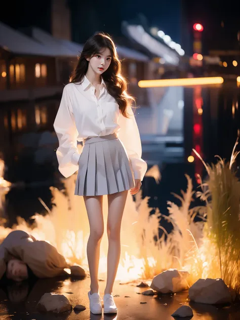 xiaofu, school uniform,collared shirt, pleated skirt, , (Asian beauty), ((full body)), ((Natural and elegant posture)), (night, starry sky, space scene), (slim athletic figure: 1.1), (visible cleavage: 0.8), (smooth skin, no deformities: 1.2), nvshen, rela...