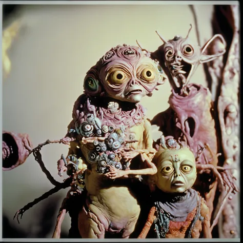 Loab,,, this sculpture of a woman, stop motion character, stop - motion, weird art piece, dough sculpture, abstract claymation, stop motion, weird, claymation character, crazy, realistic cloth puppet, 3 heads, puppets, brighten up the color. Super saturate...
