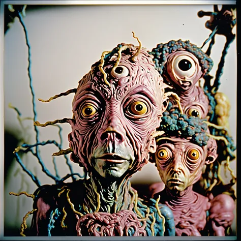 Loab,,, this sculpture of a woman, stop motion character, stop - motion, weird art piece, dough sculpture, abstract claymation, stop motion, weird, claymation character, crazy, realistic cloth puppet, 3 heads, puppets, brighten up the color. Super saturate...