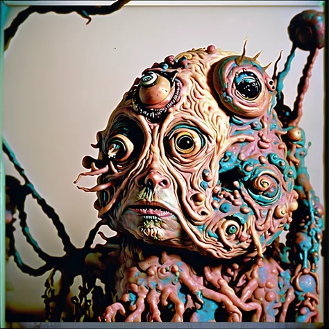 Loab,,, this sculpture of a woman, stop motion character, stop - motion, weird art piece, dough sculpture, abstract claymation, stop motion, weird, claymation character, crazy, realistic cloth puppet, 3 heads, puppets, brighten up the color. Super saturate...