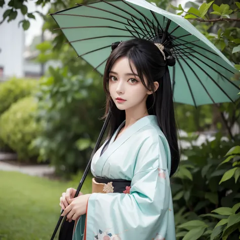 anime dark skin geisha green eyes holding umbrella,