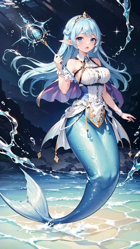 (masterpiece, best quality),(Full fingers),A girl, blue hair ,Elf ears, blue eyes, alone, big breasts ,Mermaid,蓝色的Mermaid尾巴,Full body photo,charming face(Kawaii, charming,Soft),(Underwater:1.2),Open your mouth,Holding a magic wand