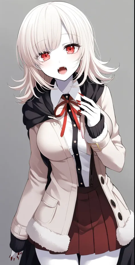 1 girl、vampire chiaki nanami、 red eyes、fangs growing、high school student、pure white and pale skin、 pure white hair、mid-winter cl...