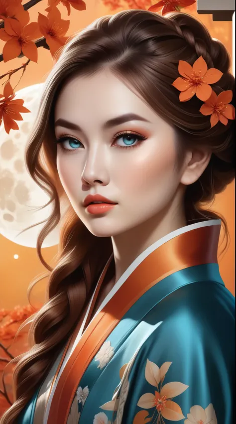 a highly detailed digital painting portrays a young woman with striking features, positioned slightly to the right of center in ...